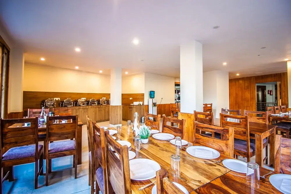 Wooden restaurant with dining tables