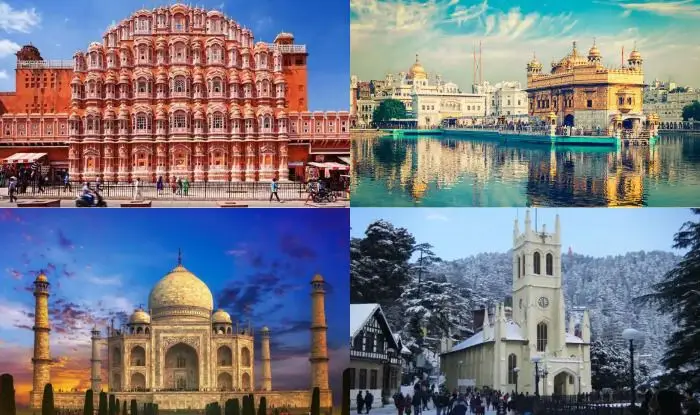 Collage shows the Hawa Mahal, Golden Temple, Taj Mahal, and Christ Church in Shimla.