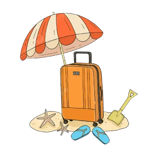 Orange suitcase on sandy beach under striped umbrella, flip-flops and shovel nearby.